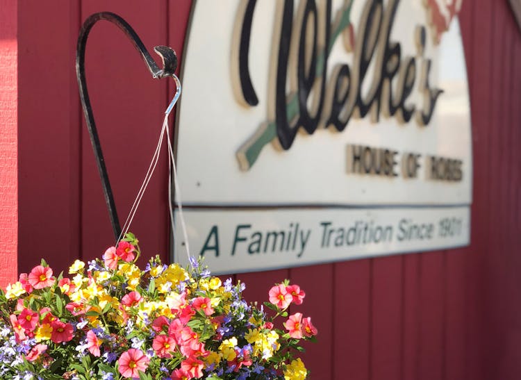 A bright, cheerful hanging floral arrangement stands before our store sign